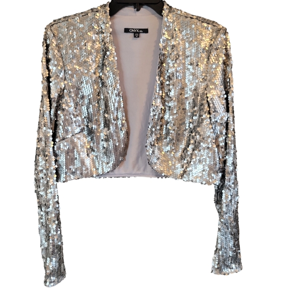 Onyx Nite Tops - Onyx Nite Gray Silver Full Sequin Long Sleeve Bolero Cropped Open Front Jacket